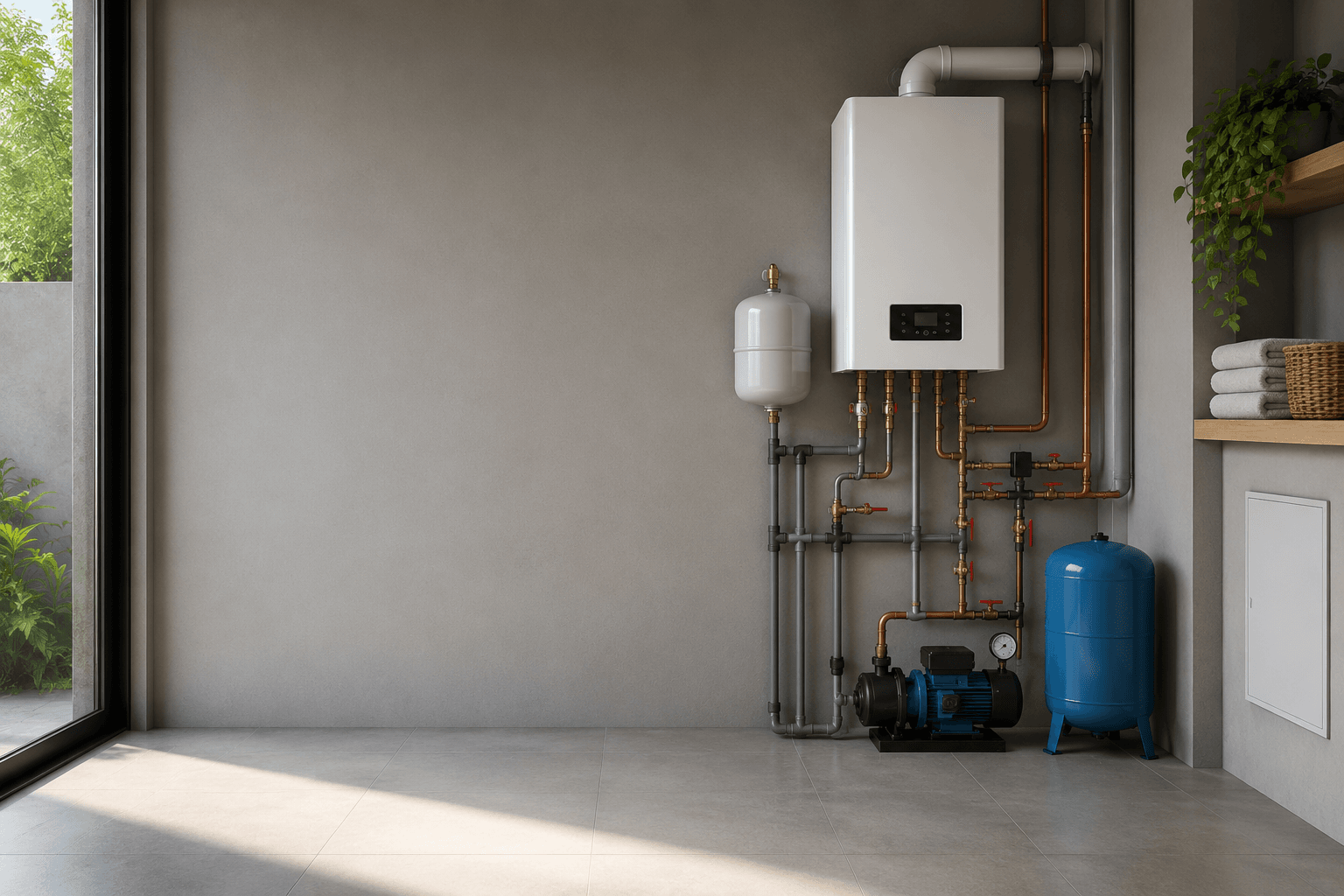 Instalação hidráulica com aquecedor, tubulação, bomba e pressurizador